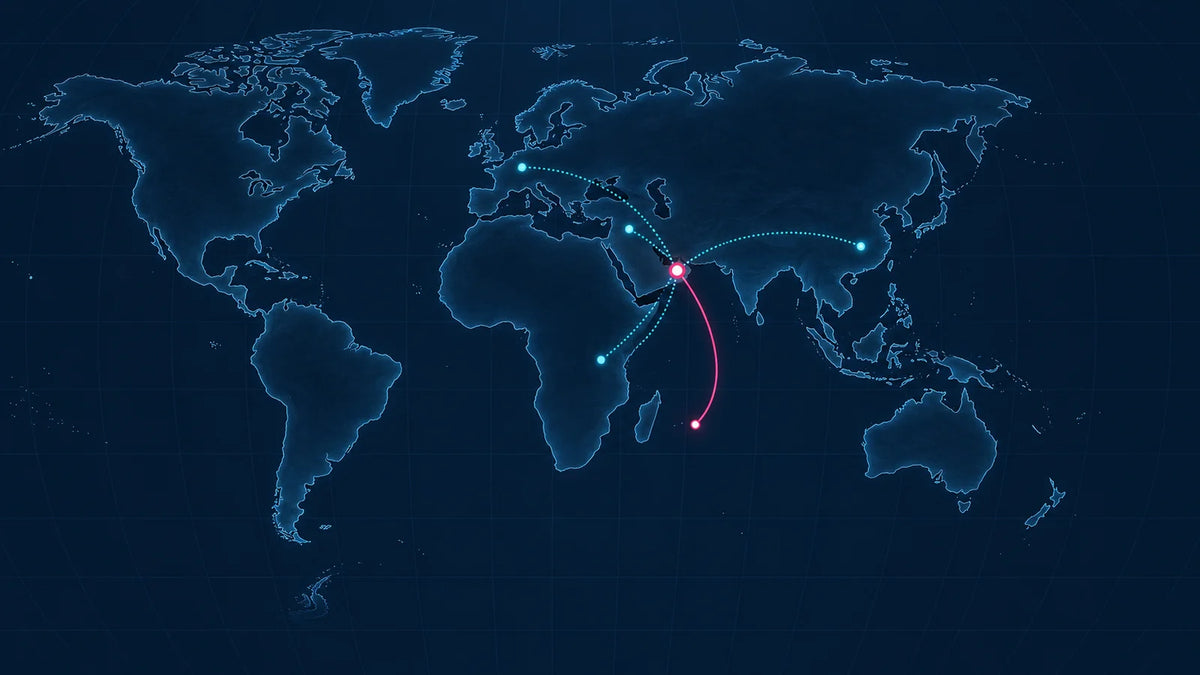 Dark world map showing the international supply network from Dubai